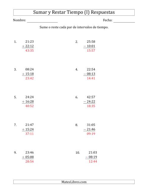 La hoja de ejercicios de Sumar y Restar Intervalos de Tiempo en Horas y Minutos (Formato Compacto) (I) Página 2