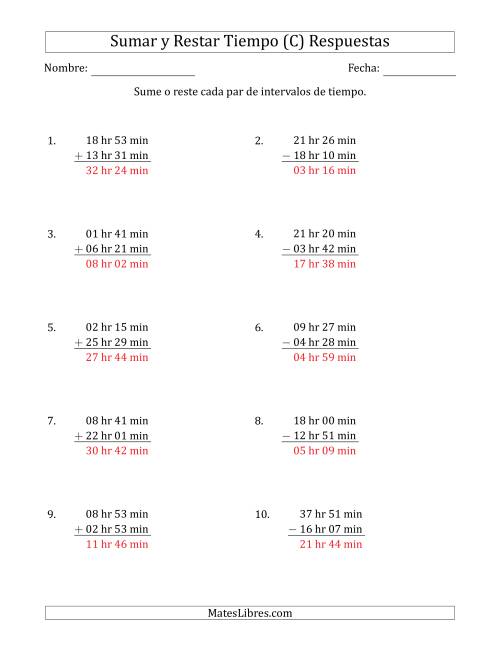La hoja de ejercicios de Sumar y Restar Intervalos de Tiempo en Horas y Minutos (Formato Largo) (C) Página 2