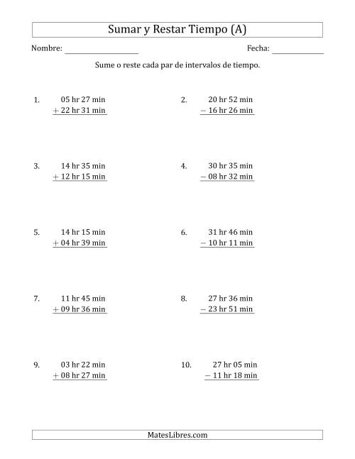 La hoja de ejercicios de Sumar y Restar Intervalos de Tiempo en Horas y Minutos (Formato Largo) (Todas)