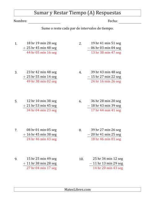 La hoja de ejercicios de Sumar y Restar Intervalos de Tiempo en Horas, Minutos y Segundos (Formato Largo) (A) Página 2
