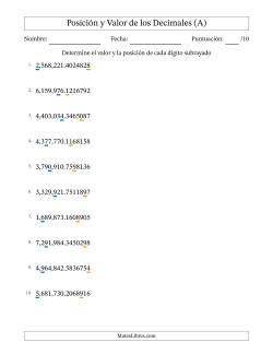 Determinar Posición y Valor de Números con Decimales desde Las Diezmillonésimas hasta Los Millones