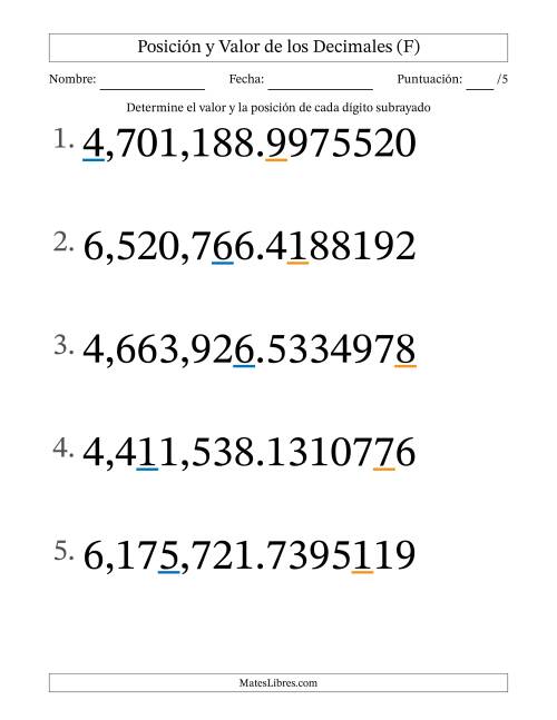 La hoja de ejercicios de Determinar Posición y Valor de Números con Decimales desde Las Diezmillonésimas hasta Los Millones (Formato Grande) (F)