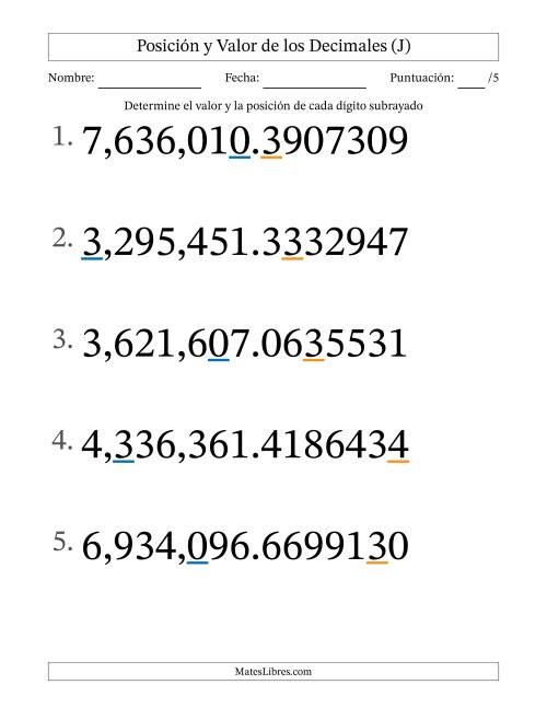La hoja de ejercicios de Determinar Posición y Valor de Números con Decimales desde Las Diezmillonésimas hasta Los Millones (Formato Grande) (J)