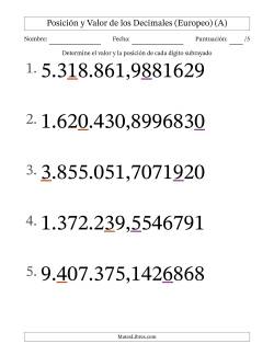Determinar Posición y Valor de Números con Decimales desde Las Diezmillonésimas hasta Los Millones (Formato Grande), Formato Europeo