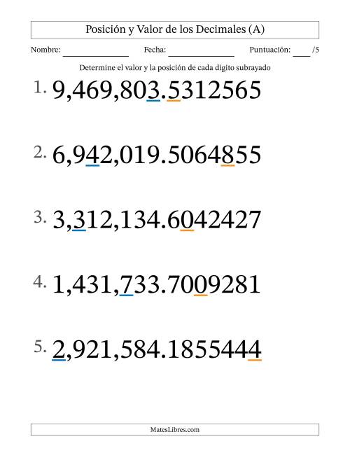 La hoja de ejercicios de Determinar Posición y Valor de Números con Decimales desde Las Diezmillonésimas hasta Los Millones (Formato Grande) (Todas)
