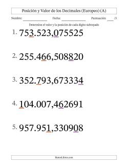Determinar Posición y Valor de Números con Decimales desde Las Millonésimas hasta Las Centenas De Millar (Formato Grande), Formato Europeo