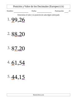 Determinar Posición y Valor de Números con Decimales desde Las Centésimas hasta Las Decenas (Formato Grande), Formato Europeo