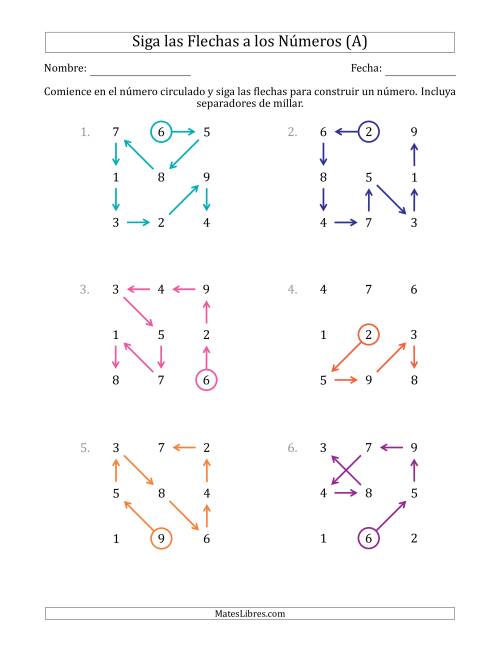 La hoja de ejercicios de Siga las Flechas para Construir un Número e Incluya Separadores de Millar (Números de la Cuadrícula Regados) (A)