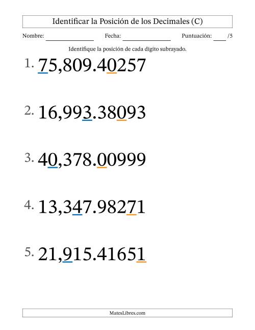 La hoja de ejercicios de Identificar Posición de Números con Decimales desde Las Cienmilésimas hasta Las Decenas De Millar (Formato Grande) (C)