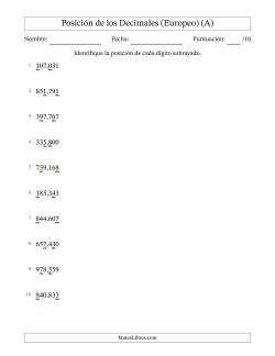 Identificar Posición de Números con Decimales desde Las Milésimas hasta Las Centenas, Formato Europeo