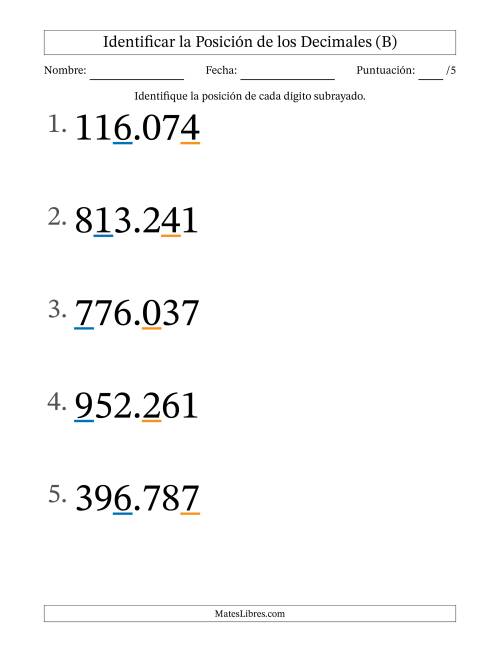 La hoja de ejercicios de Identificar Posición de Números con Decimales desde Las Milésimas hasta Las Centenas (Formato Grande) (B)