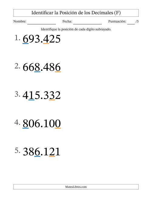 La hoja de ejercicios de Identificar Posición de Números con Decimales desde Las Milésimas hasta Las Centenas (Formato Grande) (F)
