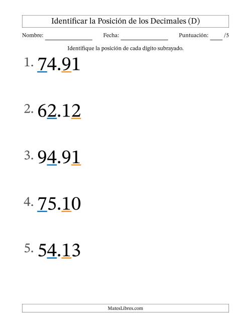 La hoja de ejercicios de Identificar Posición de Números con Decimales desde Las Centésimas hasta Las Decenas (Formato Grande) (D)