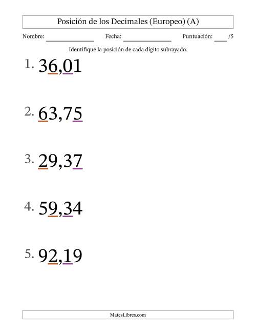 La hoja de ejercicios de Identificar Posición de Números con Decimales desde Las Centésimas hasta Las Decenas (Formato Grande), Formato Europeo (A)