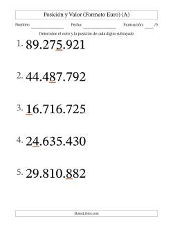 Determinar Posición y Valor desde Las Unidades hasta Las Decenas De Millón (Formato Grande), Formato Europeo